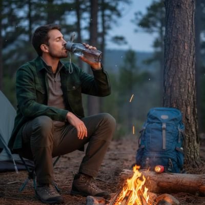 Une bonne gorgé devant le feu avec gourde plastique 1 litre
